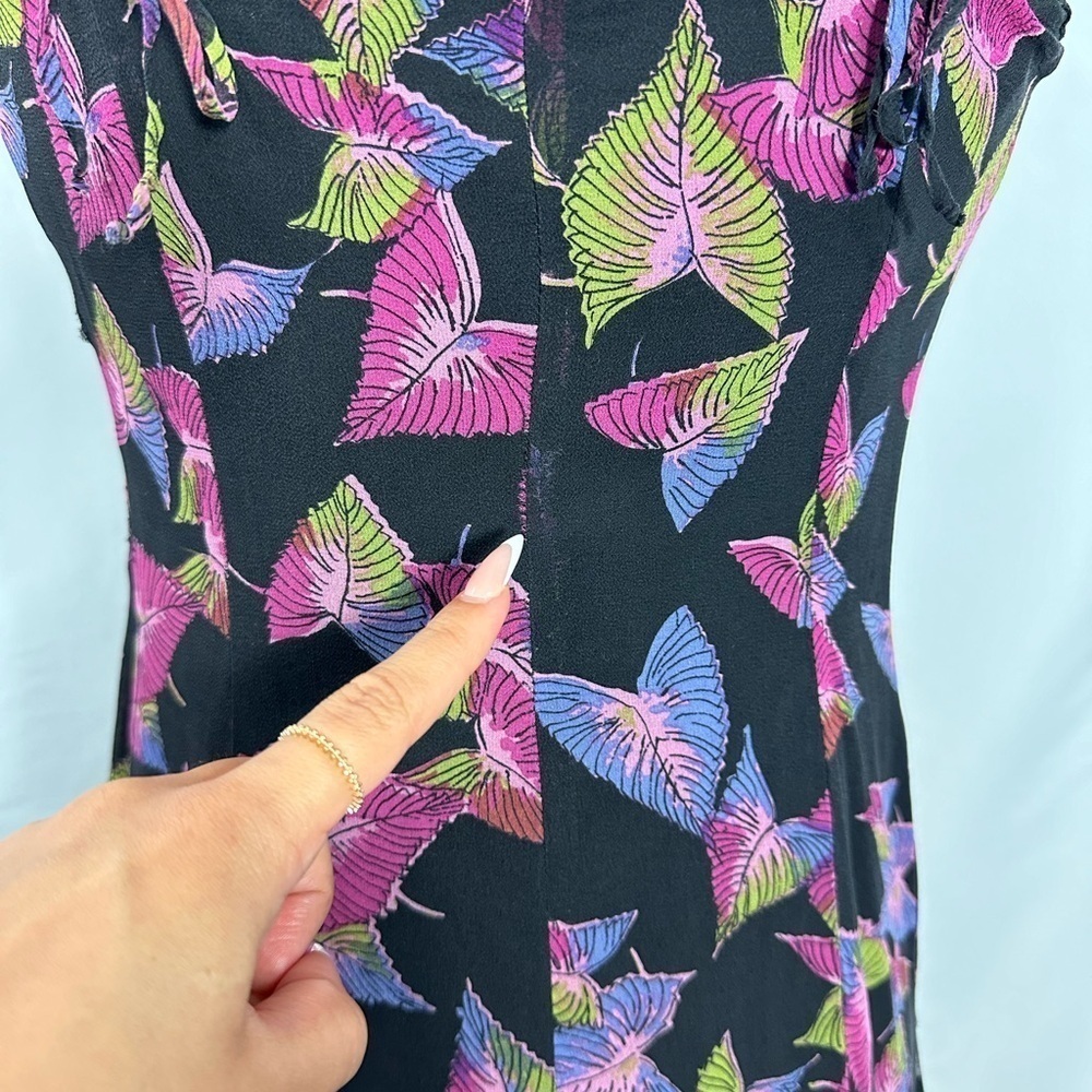 Y2K Betsey Johnson New York silk black leaf print midi dress size 6 - Picture 10 of 13